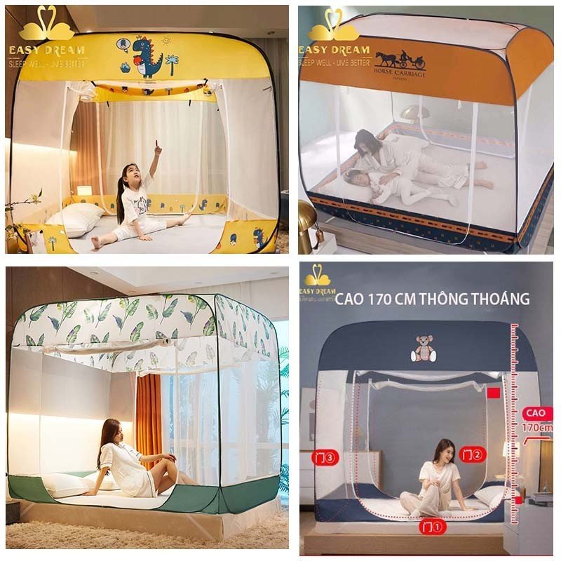 Mùng chụp Vuông Gấp Gọn thông minh Cao Cấp EASY DREAM - chống muỗi - màn chụp người lớn 3 cửa cao 1m7 đỉnh vuông