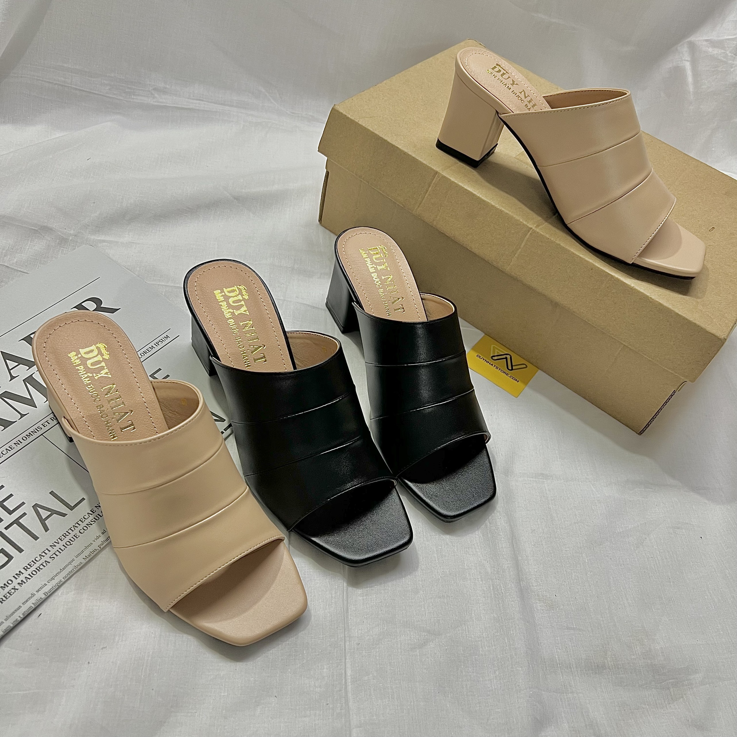 Dép Cao Gót Quai Ngang Giày Duy Nhật Store Phối Da Mờ Chữ H Trơn Bảng To Gót Mũi Vuông Đẹp Cao Cấp 5cm Đen Trung Niên