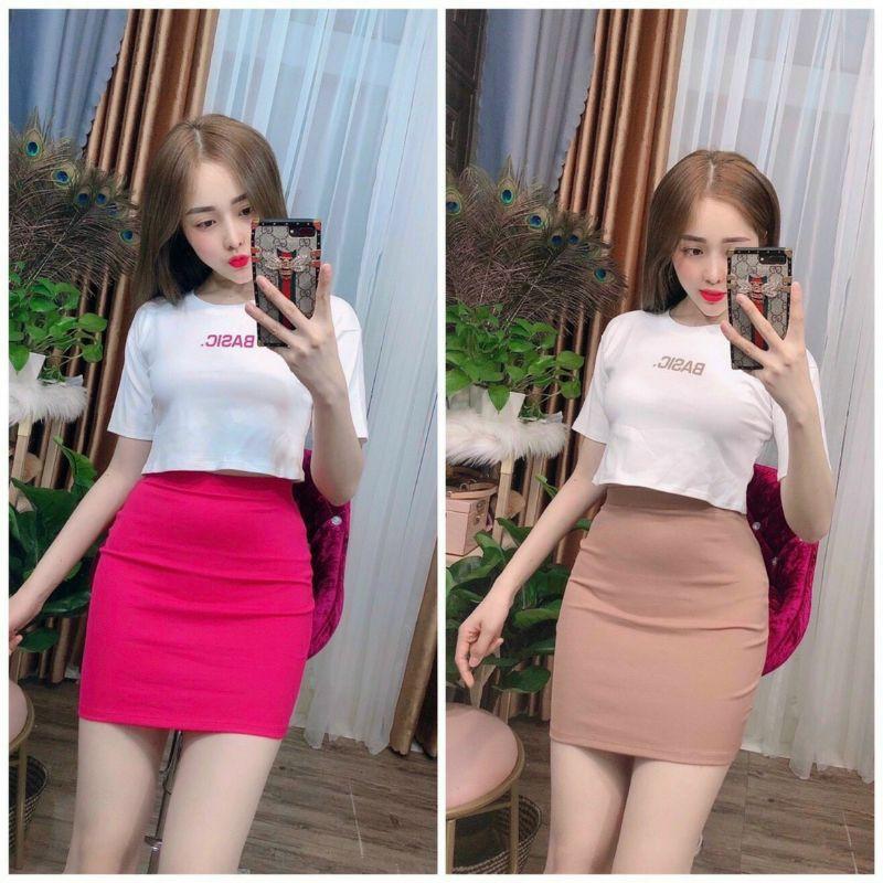 Set áo thun croptop + chân váy ôm body màu hồng màu nude siêu xinh chất vải borip co dãn tốt shop Tiến Linh