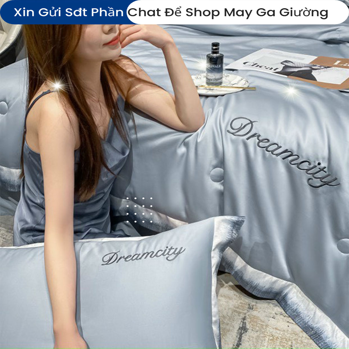 Bộ Chăn Ga Gối Đệm Lụa 5 Món Tencel Dream City Cao Cấp Chăn Chần Bông Lụa Mềm
