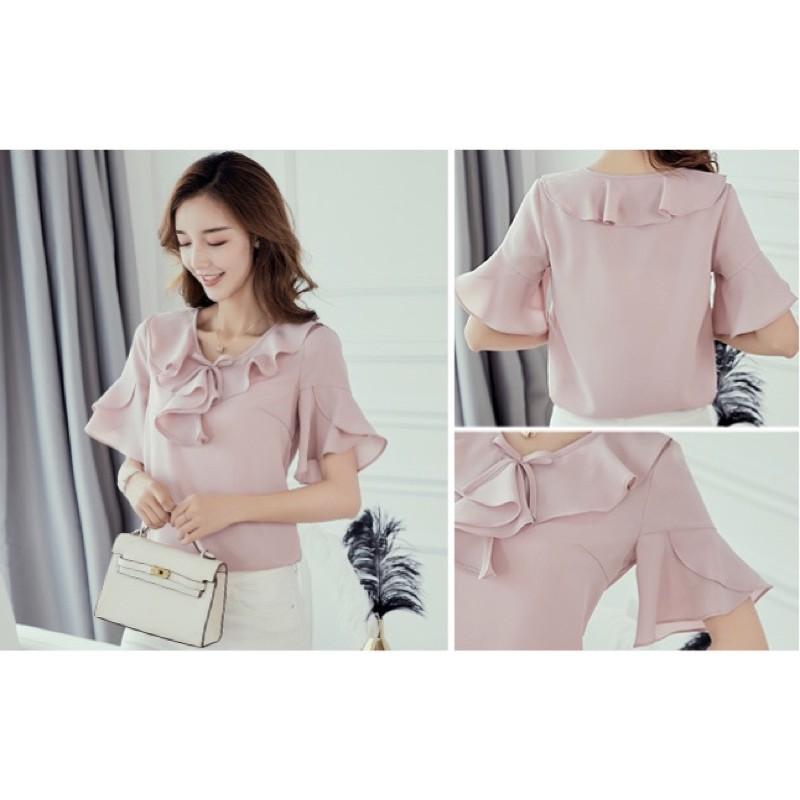 Áo sơ mi voan điệu đà nhẹ nhàng tay bèo cổ nơ công sở đi làm đi chơi  mẫu 2021