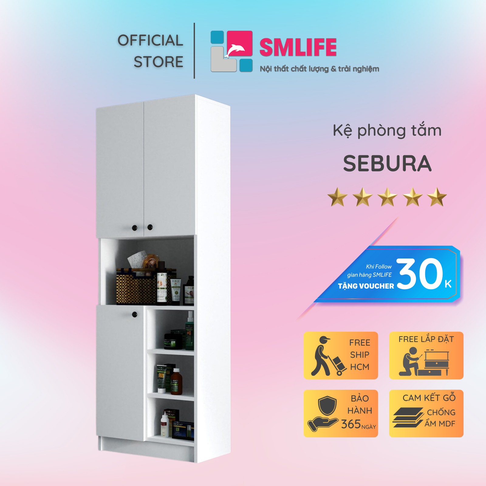Tủ phòng tắm gỗ hiện đại SMLIFE Sebura | Gỗ MDF dày 17mm chống ẩm | D60xR35xC180cm