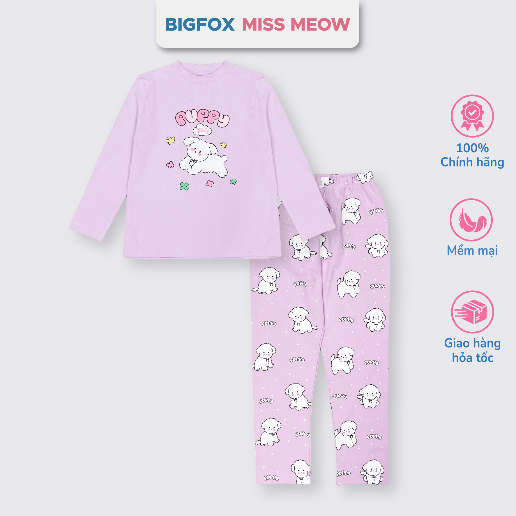 Bộ đồ dài tay cho bé gái Bigfox Miss Meow thu đông size đại vải thun cotton mặc nhà 3-11 tuổi 35kg