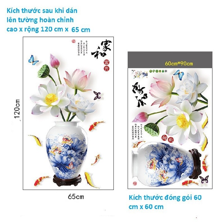 Decal dán tường 3D combo chim công và bình sen xanh sang trọng
