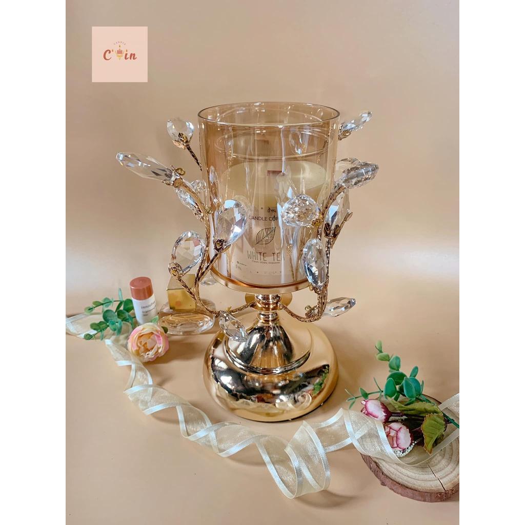 Đế nến đá hoa màu vàng - Chân nến đính đá hoa sang trọng hiện đại, candle holder decor home, trang trí hiện đại