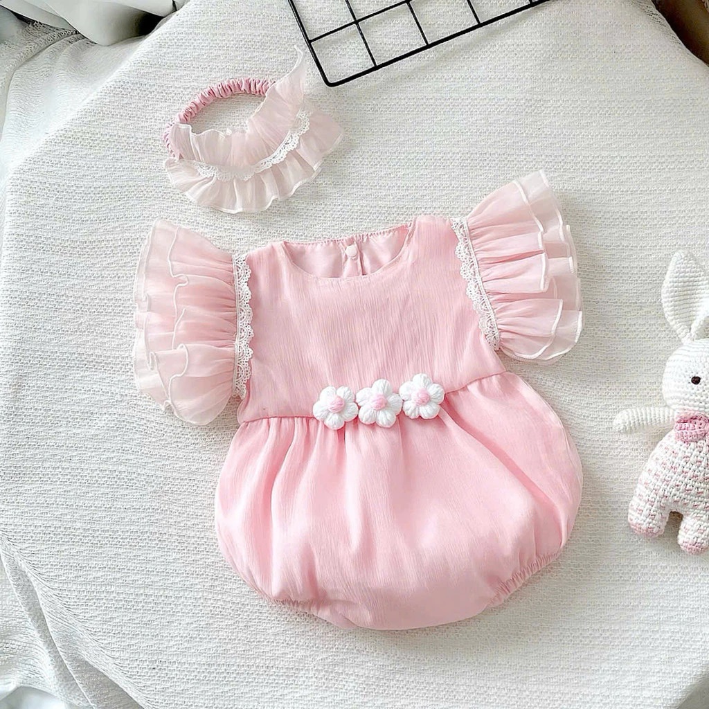 Set Body Cánh Tiên Đính Hoa Màu Hồng Kèm Băng Đô Cho Bé Gái Sơ Sinh 1 2 Tuổi Từ 3-11kg Dành Cho Bé Gái