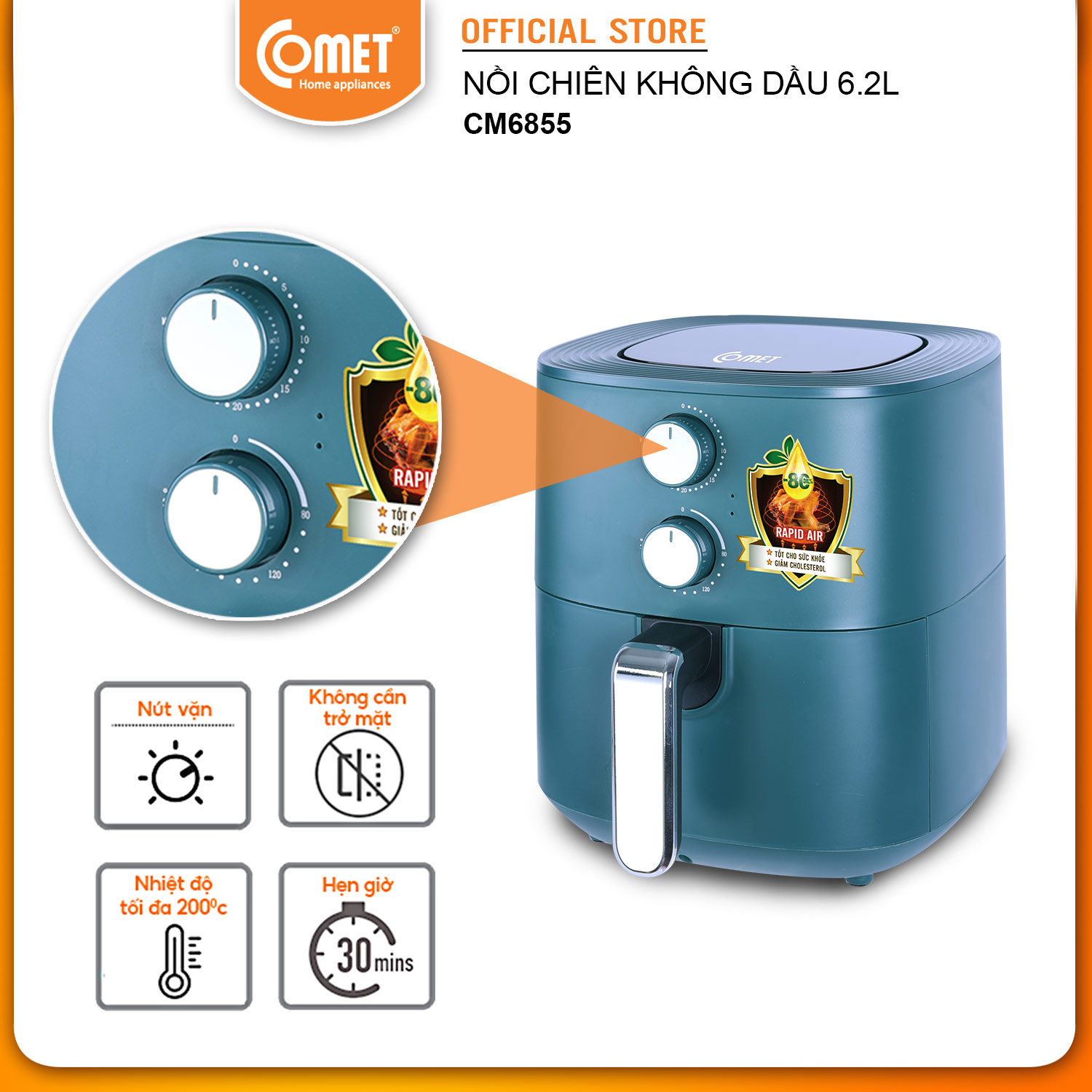 Nồi chiên không dầu 6L COMET - CM6855 - Hàng Chính Hãng