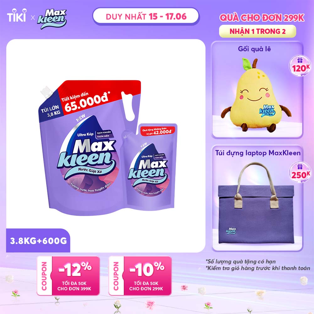 Combo Nước giặt xả Maxkleen Hương Nước Hoa Huyền Diệu: 1 Túi 3.8kg + 1 Túi 600g