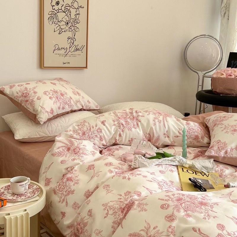 Bộ Chăn Ga Gối Cotton Living 100% Cotton Hàng Nhập Khẩu Cao Cấp 4 Món Hoa Xanh