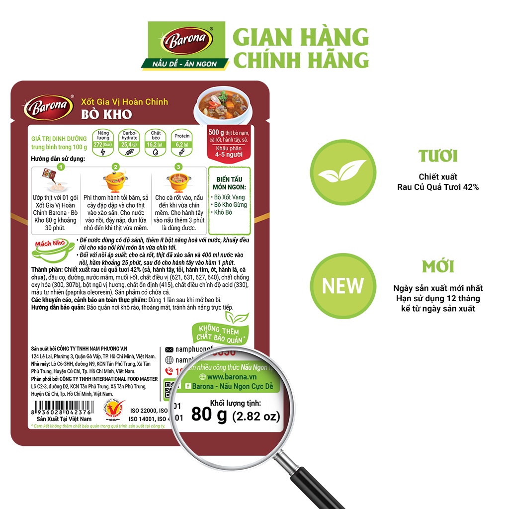 Combo 1 hộp gia vị Bò Kho Barona 80g ướp ngon chuẩn vị không cần nêm nếm