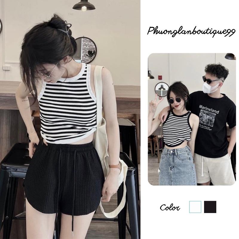 Áo sát nách, Áo ba lỗ kẻ đuôi tôm hai màu đen trắng bo viền hàng đẹp phong cách Hàn Quốc freesize PHULA