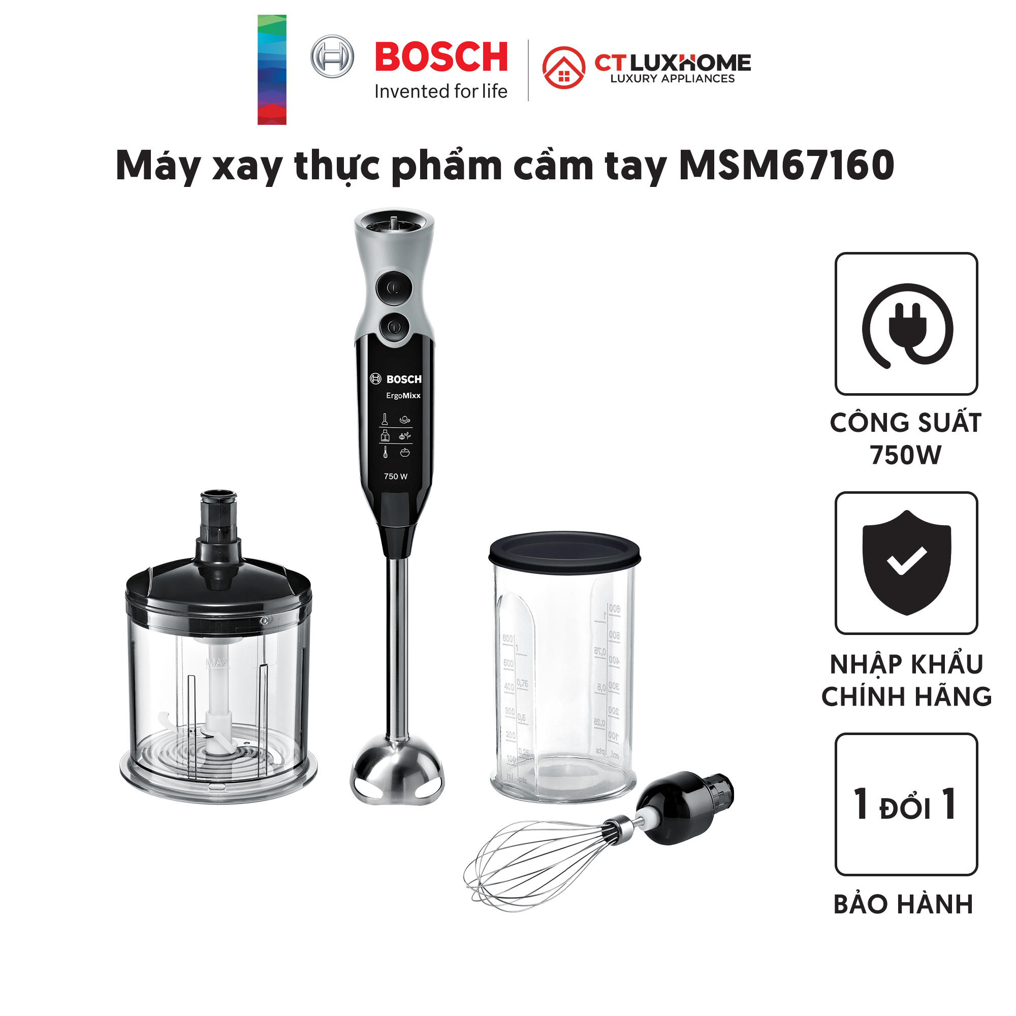 Máy xay thực phẩm cầm tay Bosch MSM67160 12 cấp độ, 750W, 220V, 50/60Hz, Kèm cây đánh trứng [Hàng chính hãng]