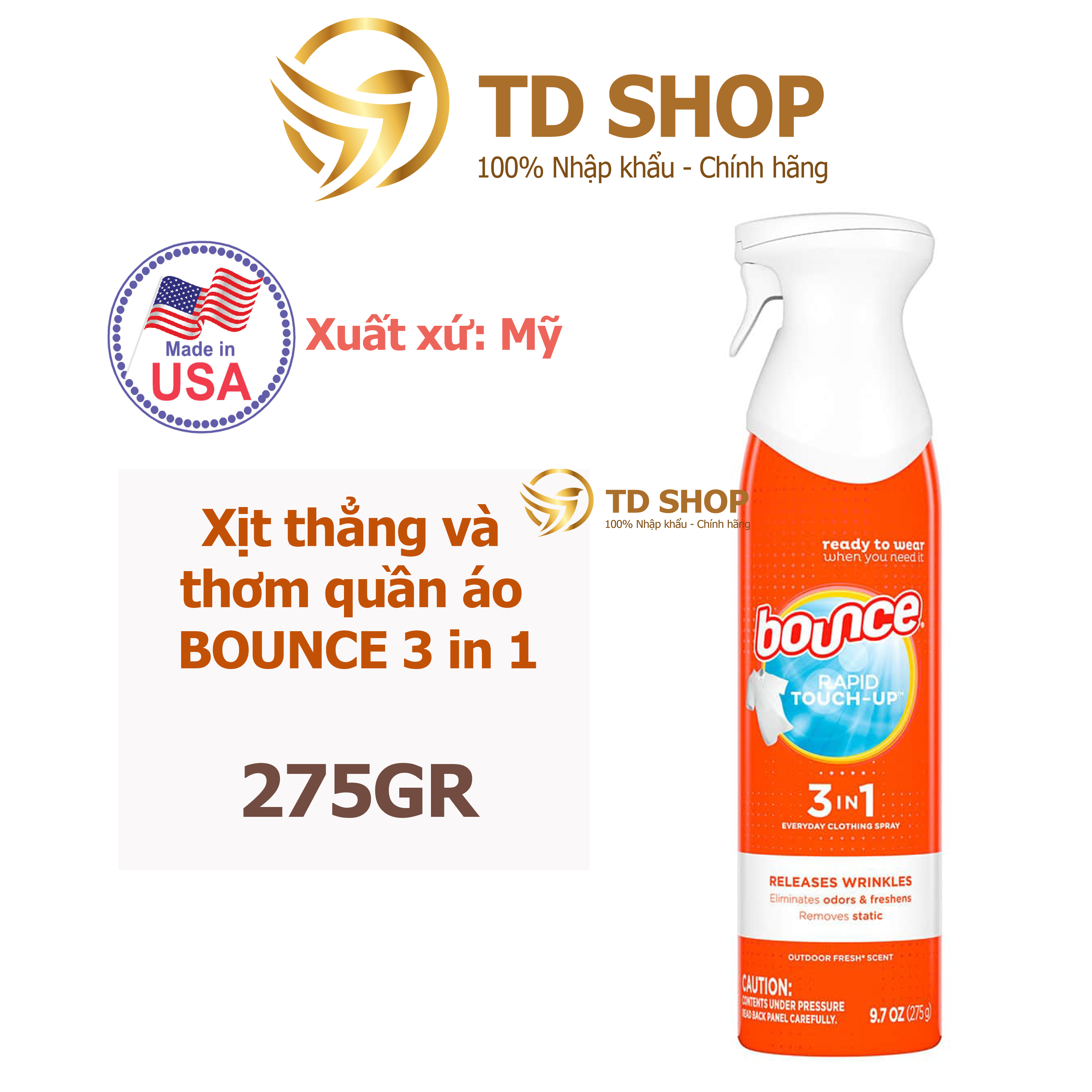 Xịt thơm và làm thẳng quần áo Bounce 3 in 1 của Mỹ chai 275g