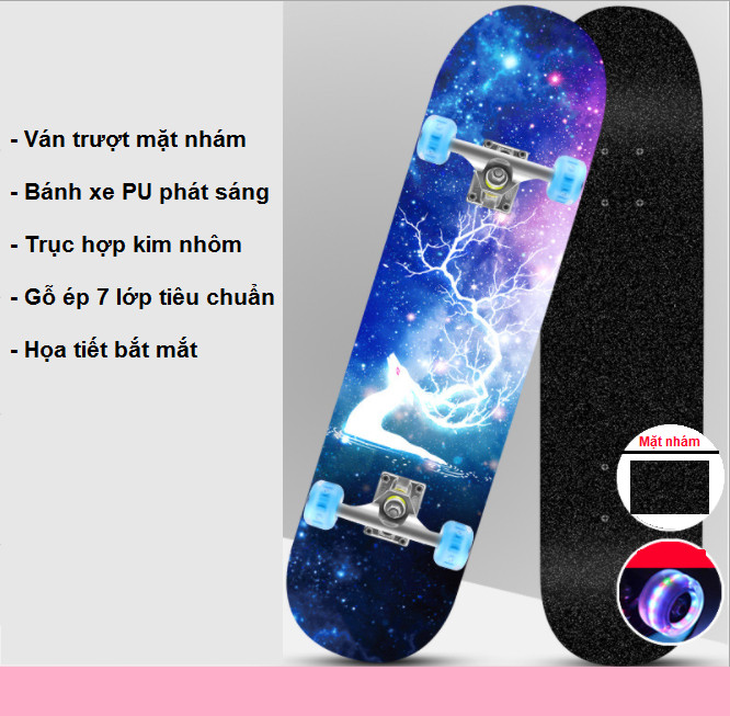 Ván Trượt Người Lớn Skateboard, Mặt Nhám Bánh PU Phát Sáng + Trục Hợp Kim Nhôm