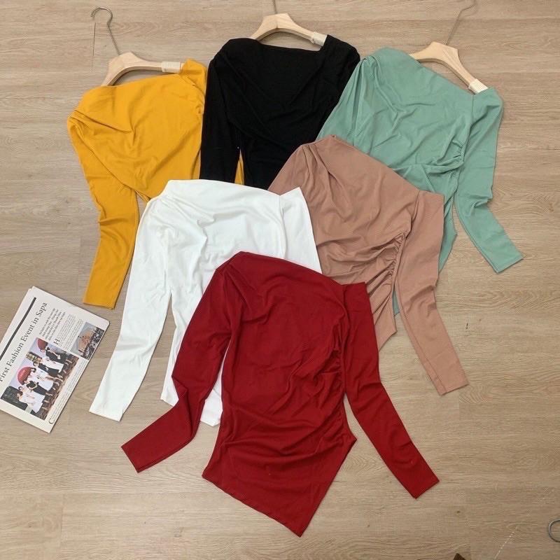 Áo thun lệch vai zúm eo vạt nhọn, Áo kiểu vạt nhọn dài tay vải conton co giãn AT1522 - NhiNhi Shop