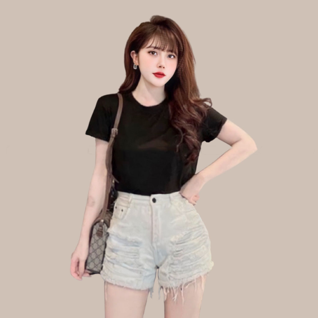 Quần short jean nữ lưng cao lai rách hai bên 667