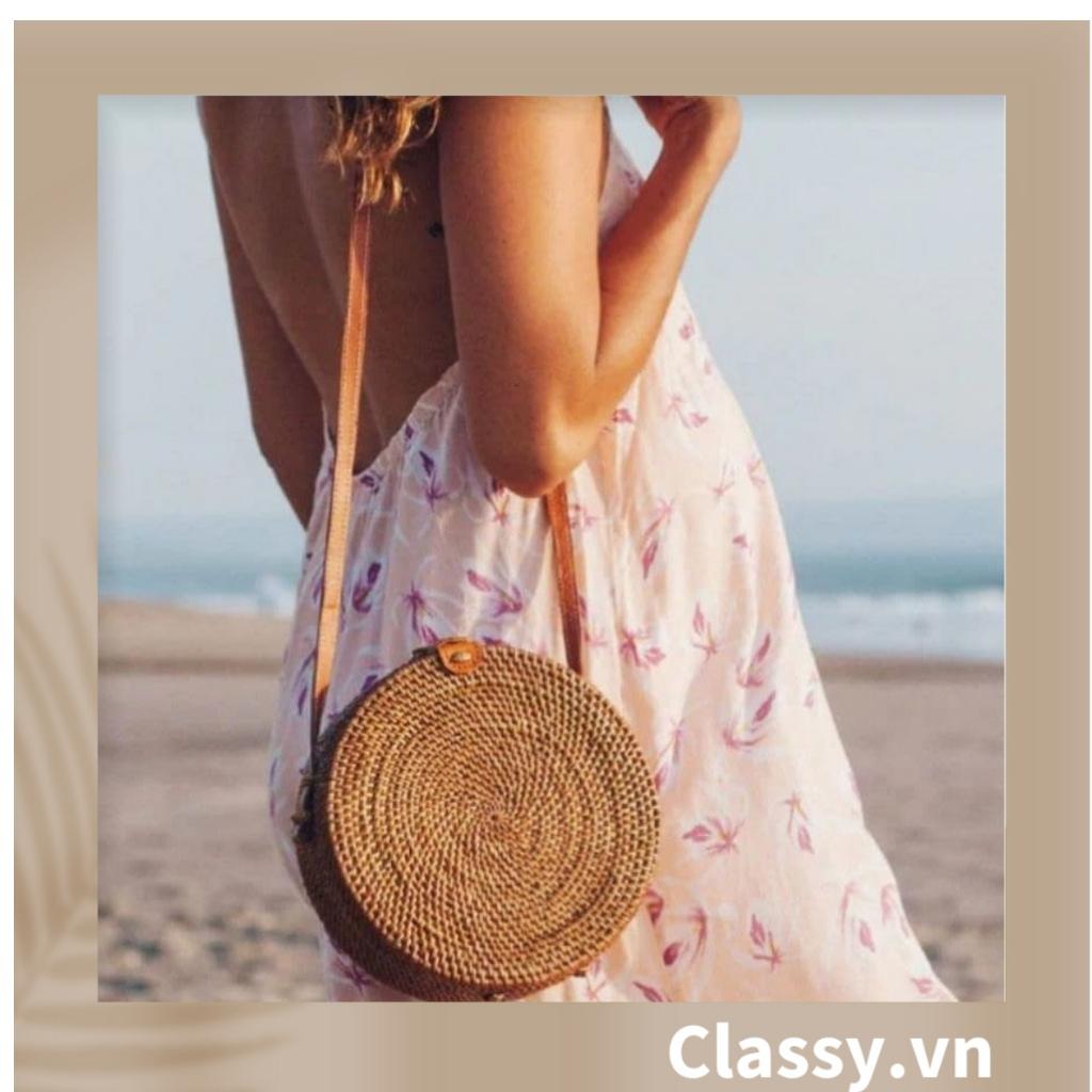 Túi mây tre đan Classy Việt Nam đi biển hình tròn bằng mây tre đan cao cấp, kiểu dáng Vintage T330