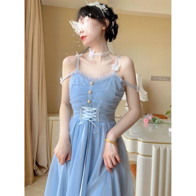 Váy hai dây tiểu thư màu xanh lấp lánh xinh xắn