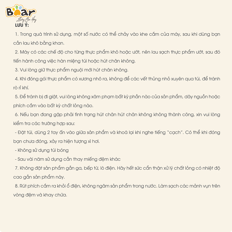 [Hàng Chính Hãng]Máy hút chân không thực phẩm Bear VS-B01V1 màu trắng công suất 130W. Lực hút mạnh, áp suất 70KPA, hút được 8L/phút. Từ đó, thực phẩm sẽ được bảo quản lên đến 2 tuần trong ngăn mát - 2 tháng trong ngăn đông đá