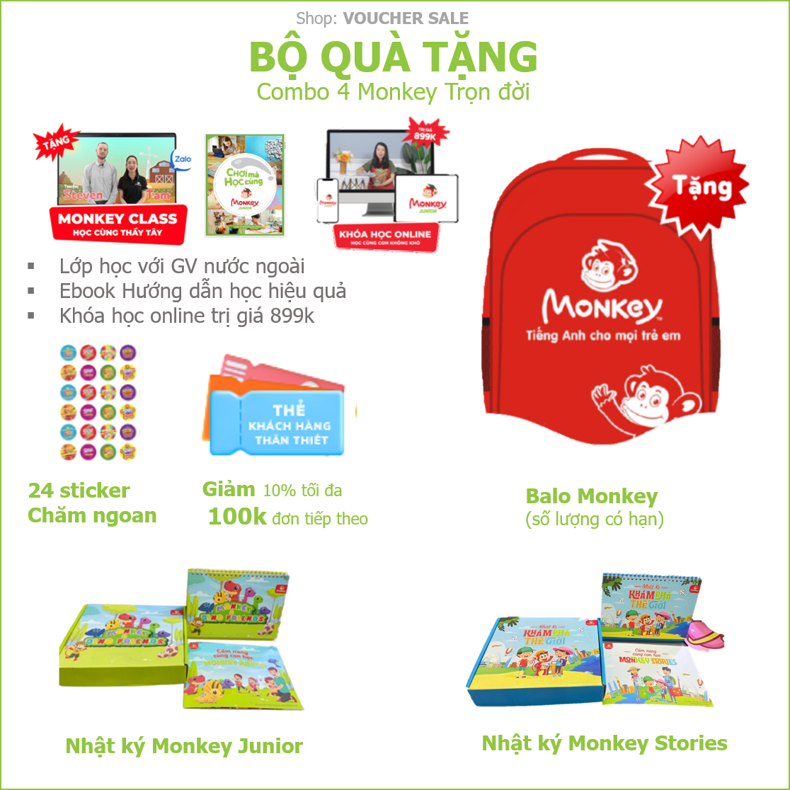 Combo 4 Monkey (Mã Giấy) - (Monkey Junior, Stories, Math, Vmonkey)