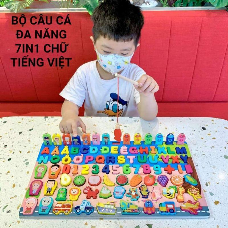 Bé Học Vui - Bộ Bảng Gỗ Câu Cá, Ghép Hình Chữ Số, Chữ Cái &amp; Phương Tiện Cho Bé Thông Minh