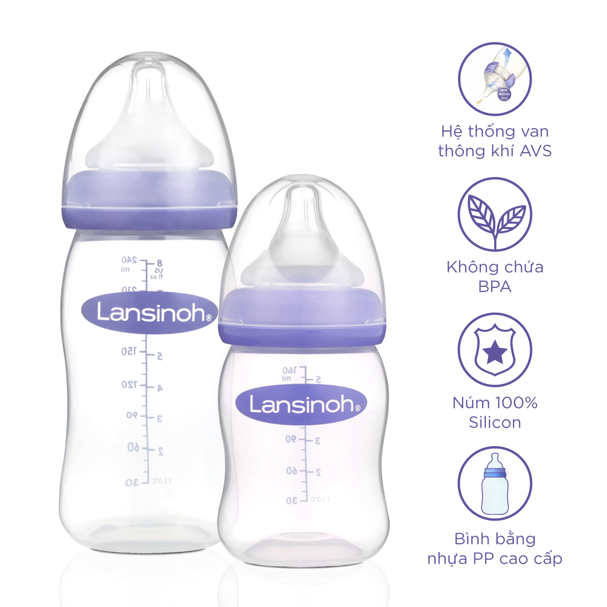2 Bình Sữa Cổ Rộng Lansinoh 160ml TẶNG 1 Núm Vú Cổ Rộng Lansinoh Size F