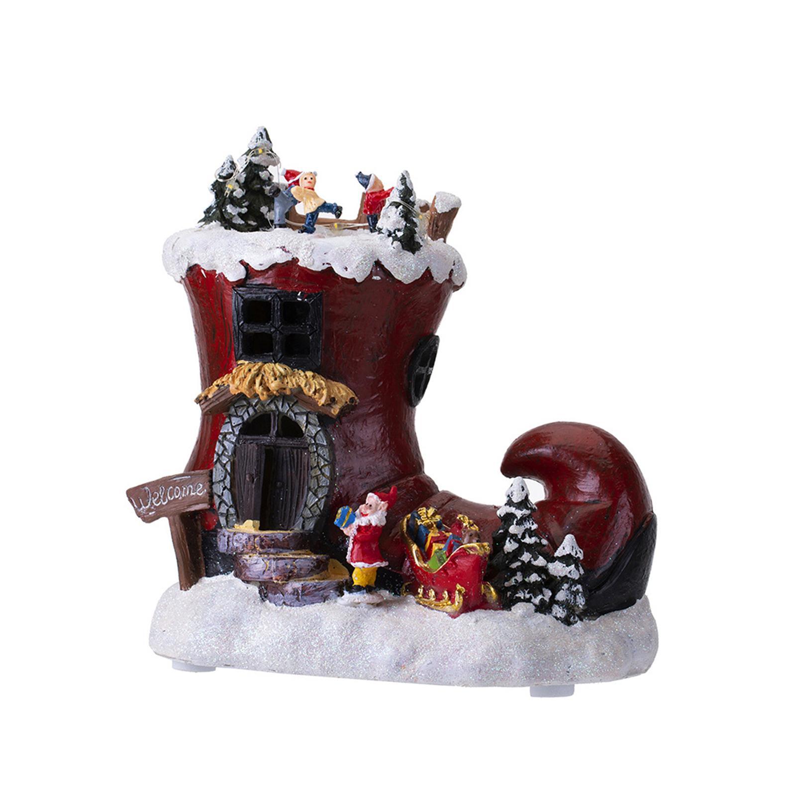 Rotating Boot House Music Box Christmas Ornament Table Centerpiece with Light Santa Claus Figurines for Home Dorm Restaurant
