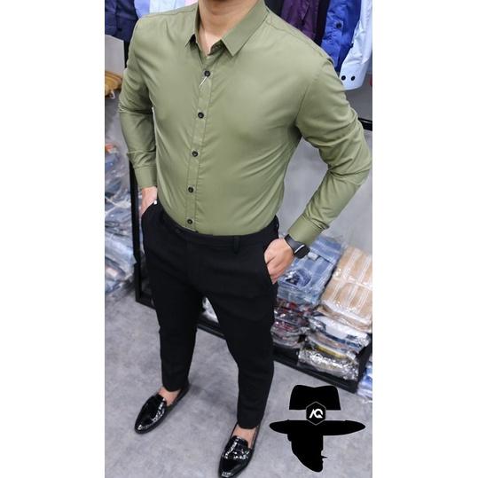 Sơ mi Nam Màu Rêu vải Cotton Lụa Mềm Mịn