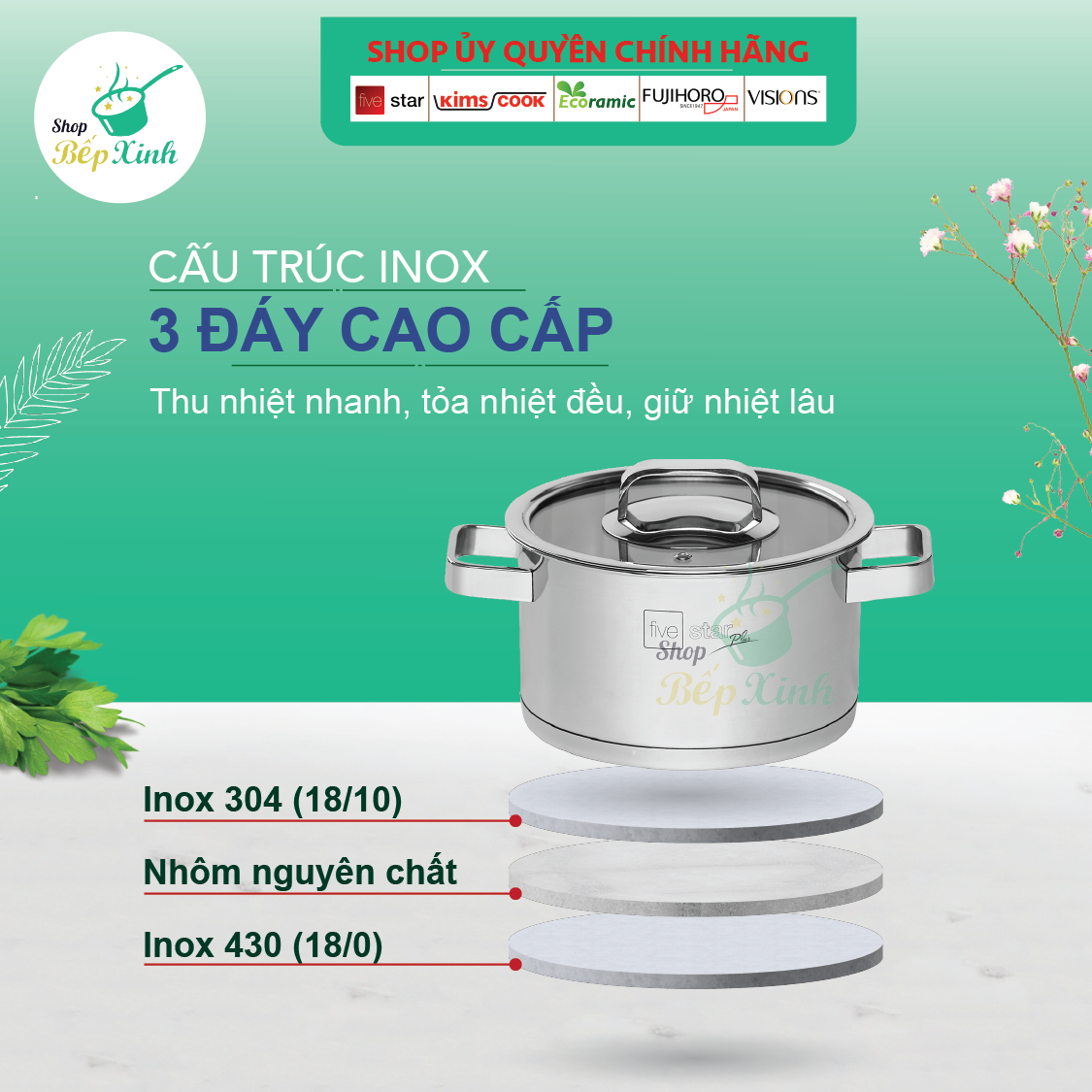 Nồi inox 304 Fivestar 3 đáy bếp từ nắp kính (16cm ), tặng 5 muỗng ăn