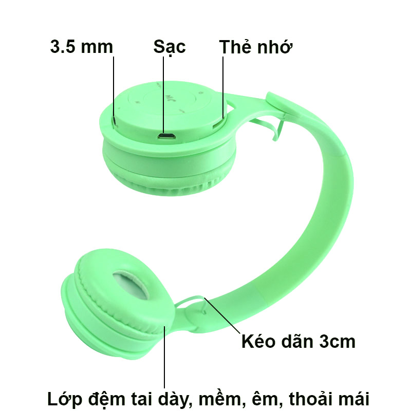 Tai Nghe Over Ear Chụp Tai Bluetooth 5.0 Màu Xanh Lá - Hàng Chính Hãng