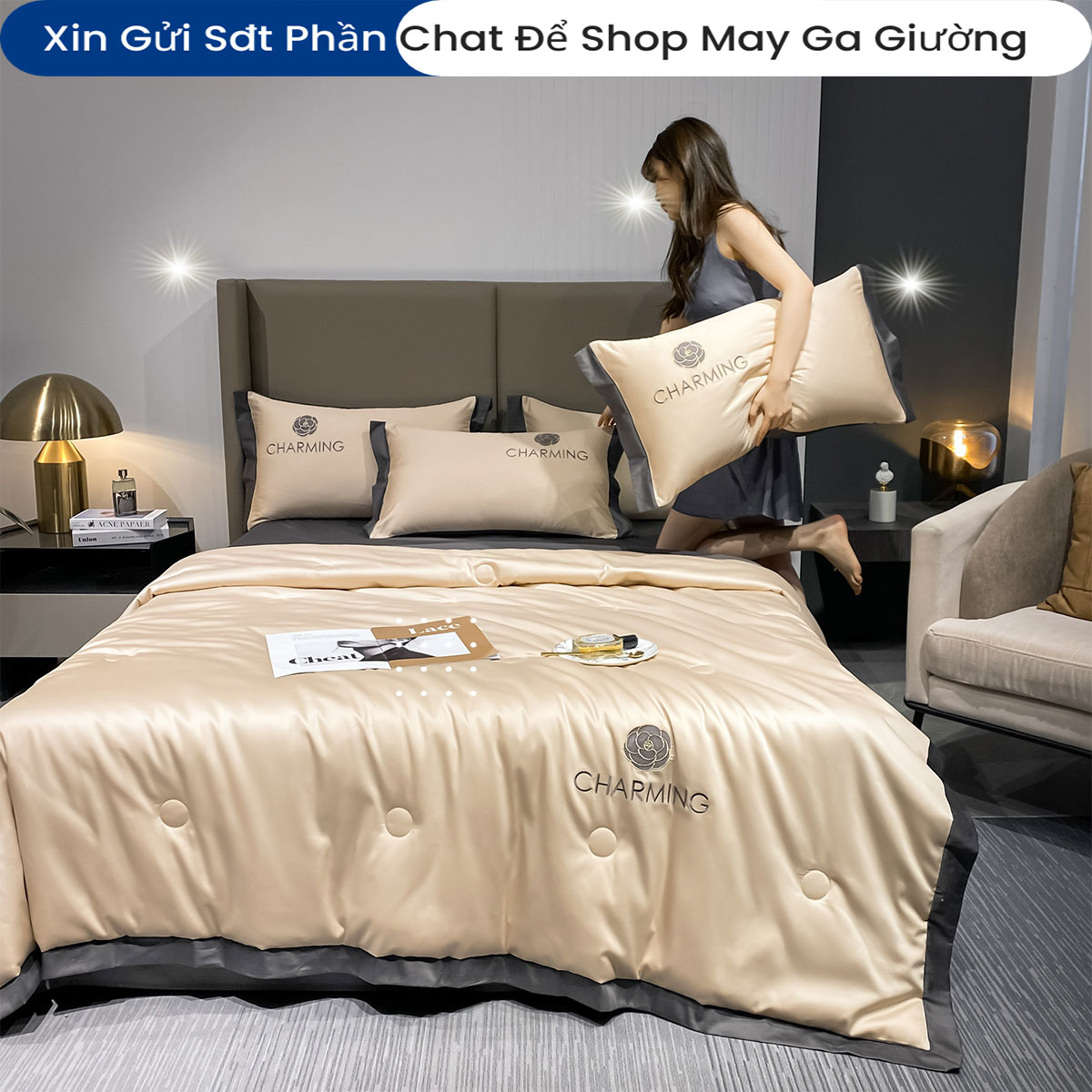 Bộ Chăn Ga Gối Đệm Phi Lụa Charming Drap Giường Phi Lụa Cao Cấp Bo Chun Drap