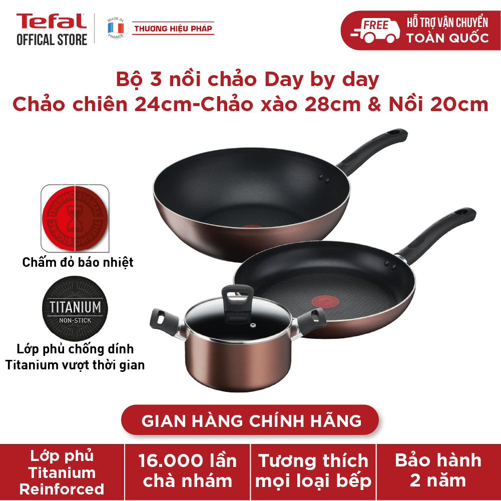 Bộ 3 nồi chảo chảo Tefal Day By Day, chảo chiên 24cm, chảo xào 28cm, nồi 20cm - Hàng chính hãng