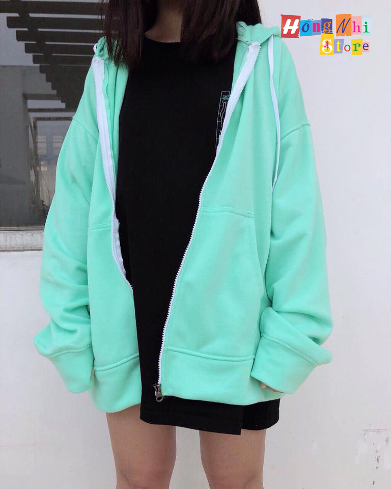 Áo Khoác Hoodie Zip Trơn Oversize Ulzzang Unisex Hoodie Dây Kéo Màu Xanh Ngọc Dáng Rộng - MM