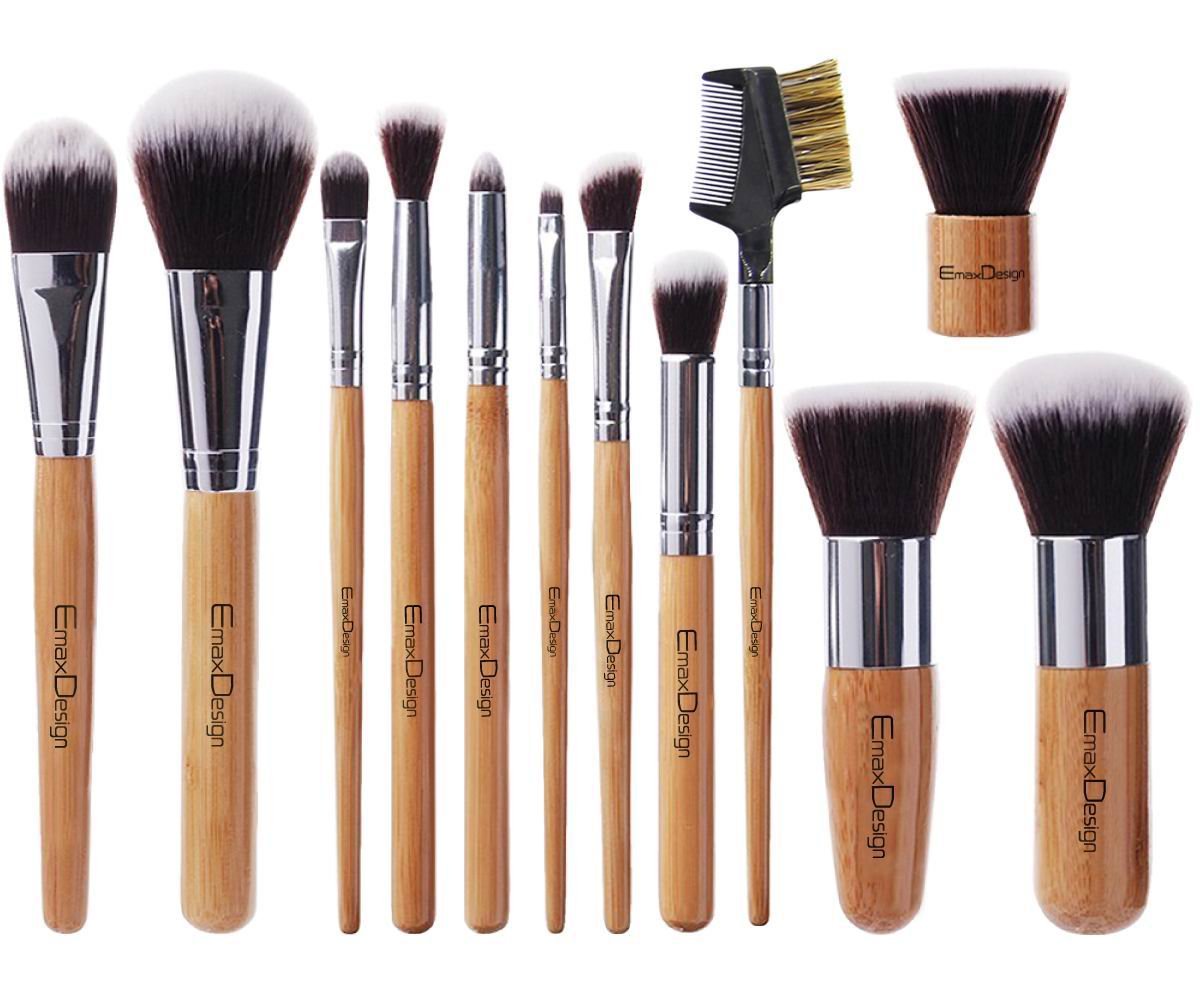 TÚI 12 CỌ TRANG ĐIỂM CHUYÊN NGHIỆP - SỢI KABUKI - CÁN TRE EmaxDesign 12 Pieces Makeup Brush Set Professional