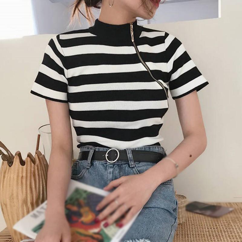 Áo Thun Ngắn Tay Kẻ Sọc Thời Trang Hàn Quốc Cho Nữ