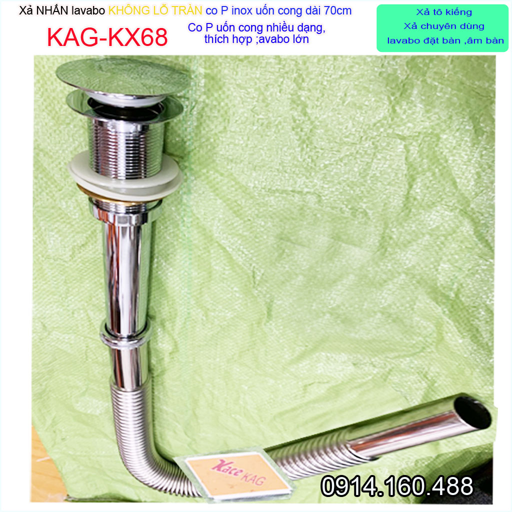 Bộ xả nước chậu rửa mặt KAG-KX68 không lỗ tràn, Xả lavabo kiếng ấn tay ống thải co P inox mềm có thể uốn bẻ chuyên dùng cho lavabo tủ