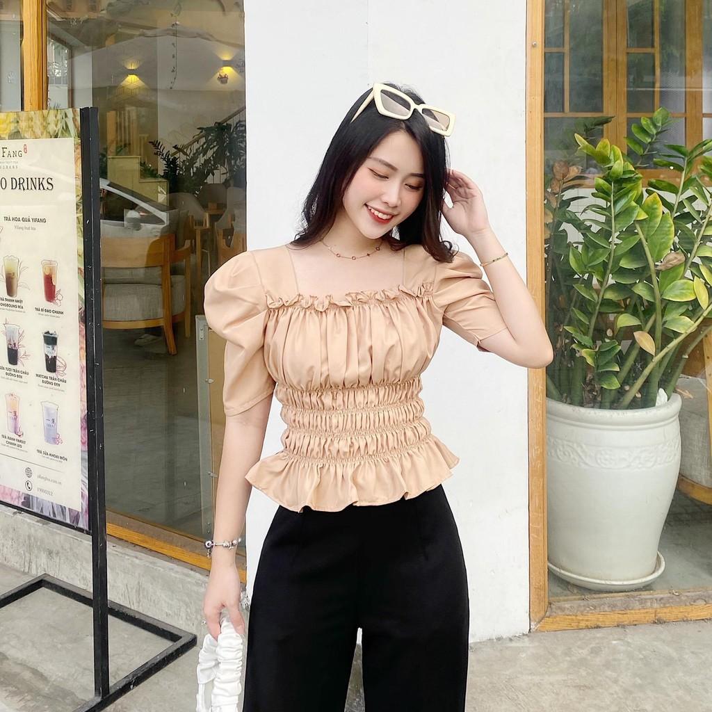 ÁO KIỂU CROPTOP LỤA CỔ VUÔNG BÈO TAY PHỒNG NHÙN THUN BỤNG EO XÒE BÈO