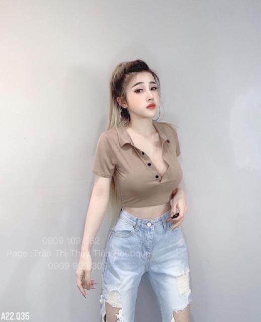 Áo Croptop nữ cổ bẻ chất thun lụa mềm mịn - freesize dưới 51kg - Carotshop