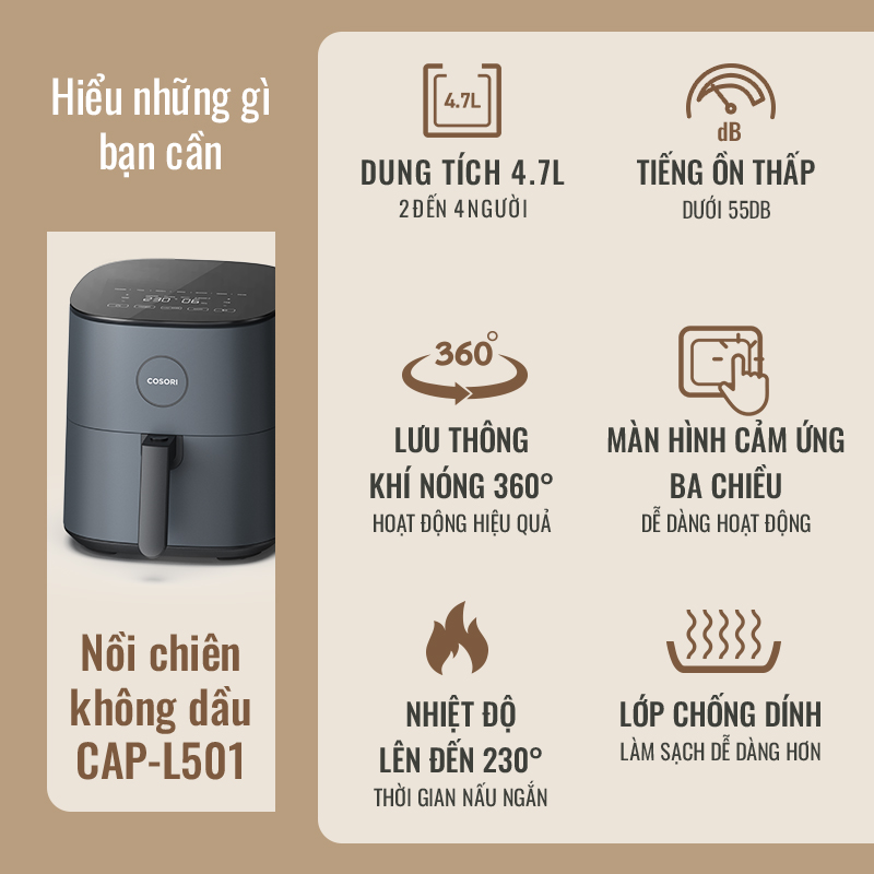 Nồi Chiên Không Dầu 4.7L COSORI CP501- Hàng Chính Hãng