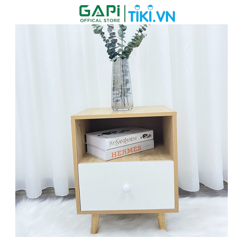 Tủ đầu giường GAPI có ngăn gỗ phối trắng, tab đầu giường tạo điểm nhấn cho không gian GP109