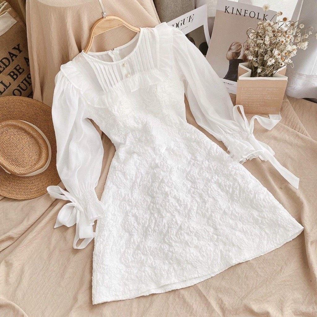 Đầm Trắng Phối Tay Voan Cột Nơ Thanh Lịch