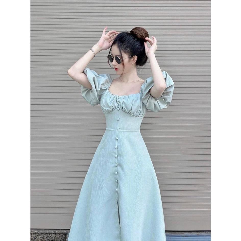 Đầm midi cổ vuông  cotton cát thái tay phồng nút bọc ivy.fashion đi biển dự tiệc dạo phố bigsize xếp ly ngực xẻ tà