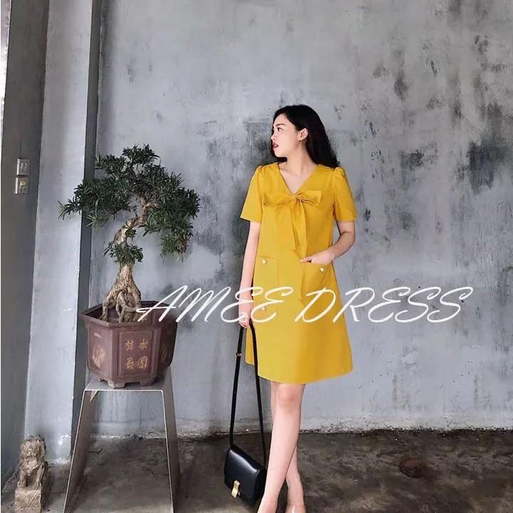 Váy bầu công sở dáng xuông nơ cổ xinh sắn