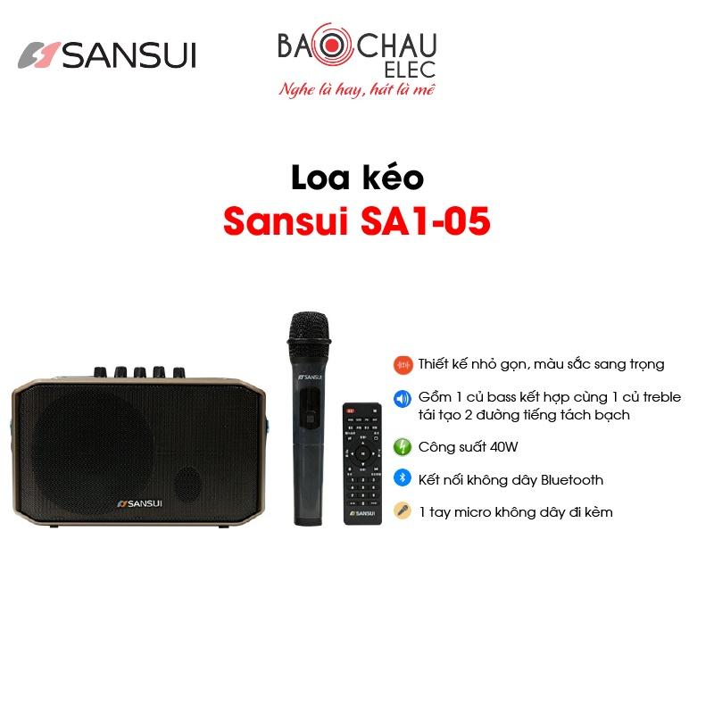 Loa Kéo Sansui SA1-05 Nhật Bản | Nhỏ Gọn Sang Trọng - Công Suất 40W - 1 Tay Micro Không Dây Đi Kèm- hàng chính hãng