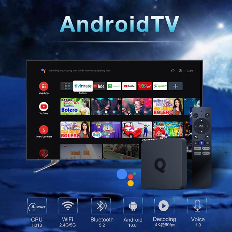 Smart box android tv Q mới có điều khiển giọng nói tiếng việt hỗ trợ bluetooth Wifi băng tần kép cài sẵn chương trình tivi và xem phim HD miễn phí vĩnh viễn - Hàng nhập khẩu