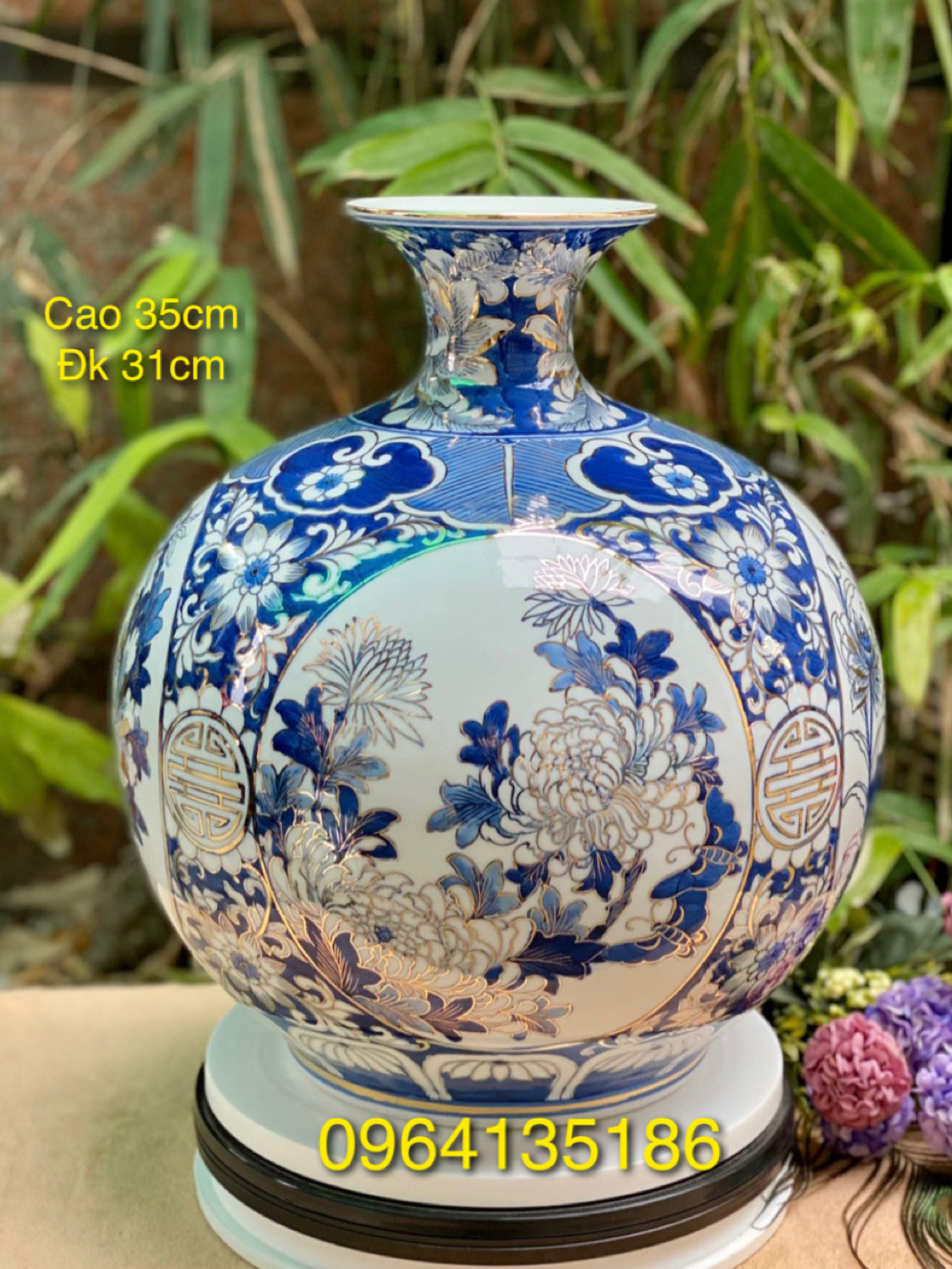 Bình hút tài lộc vẽ vàng tứ cảnh bốn mùa h35cm gốm sứ Bát Tràng
