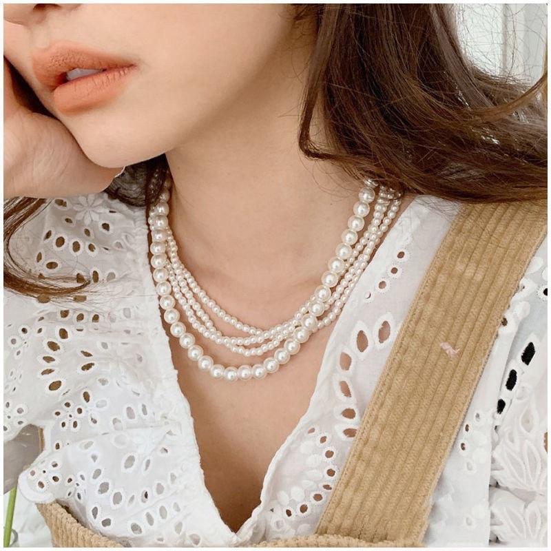 N404 vòng cổ hạt Trai, dây chuyền hạt bẹt dây chuyền choker 4 dây hạt nhiều kích cỡ cho nữ