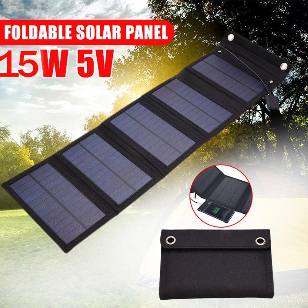 Bộ sạc năng lượng mặt trời 5V 15W nhỏ gọn với 5 tấm pin mặt trời gấp lại để di chuyển không thấm nước