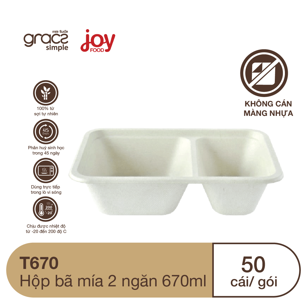 50 hộp bã mía chữ nhật 2 ngăn 670ml