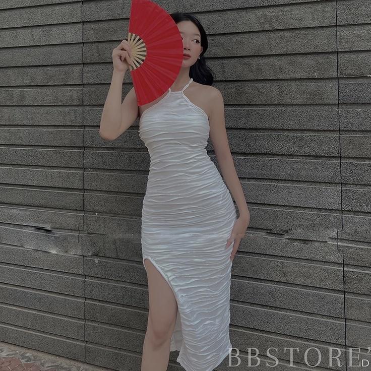 BBSTORE'S Đầm Body Cổ Yếm Xẻ Tà Váy Dài Thun Gợn Sóng Đi Tiệc Siêu Xinh -D952